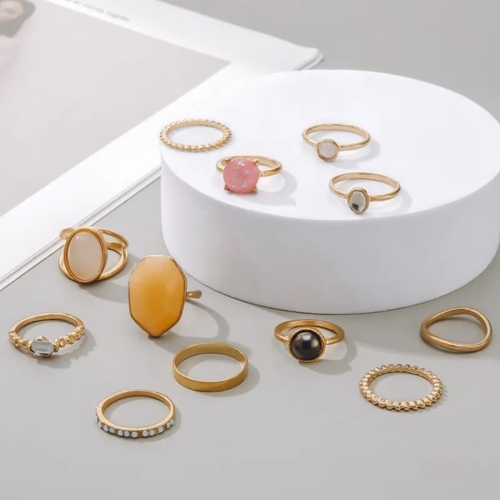 *MARTINE* 12-Pc Gold x Multicolor Gem Fashion Rhinestone Ring Set